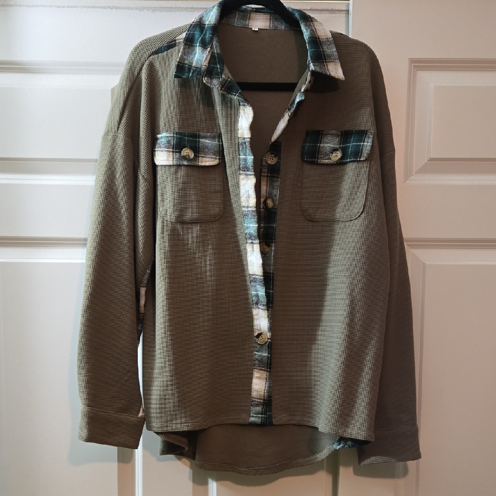 Plaid Accent Olive Button-Up Shirt